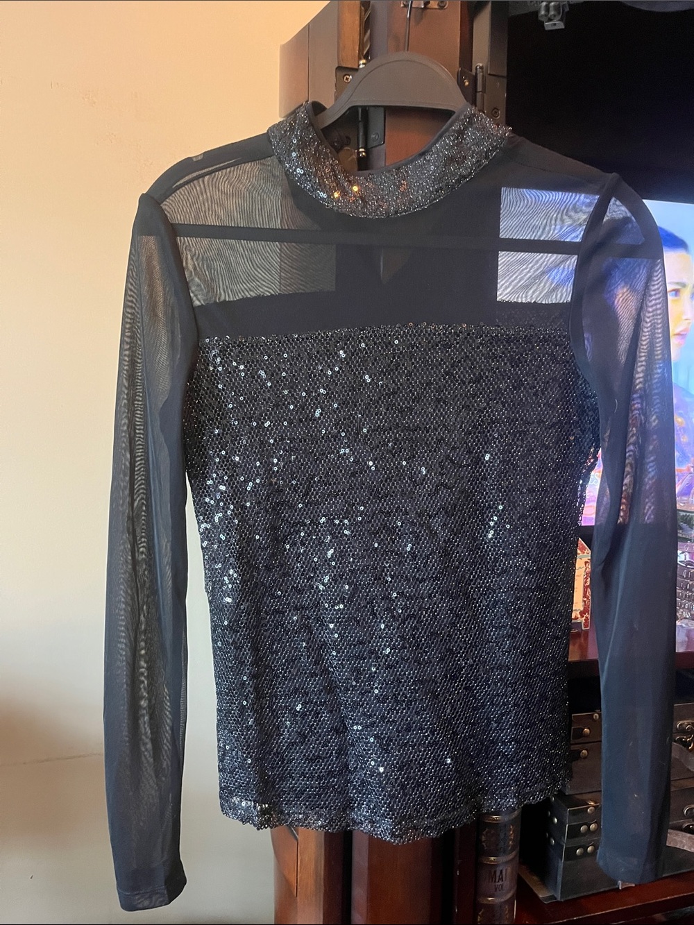 Catherine Malandrino Black Sequin Mesh Long-Sleeve Top